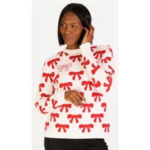 Duffield Lane Heirloom Cotton The Bow Sweater in Ivory Red and Pink Womens XS